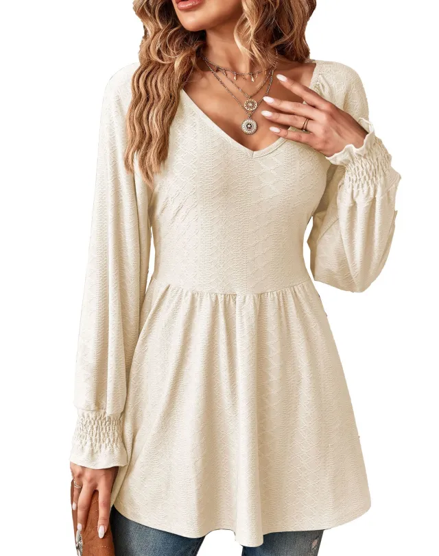 Women's Fashionable Simple V neck Jacquard Stitching Solid Color T shirt Long Sleeve Top Apricot - Shop at LoveMi