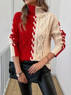 New Women's Fashion Colour Contrast Stitching Symmetrical High Collar Loose Sweater - Redmi Colour Matching - View 1