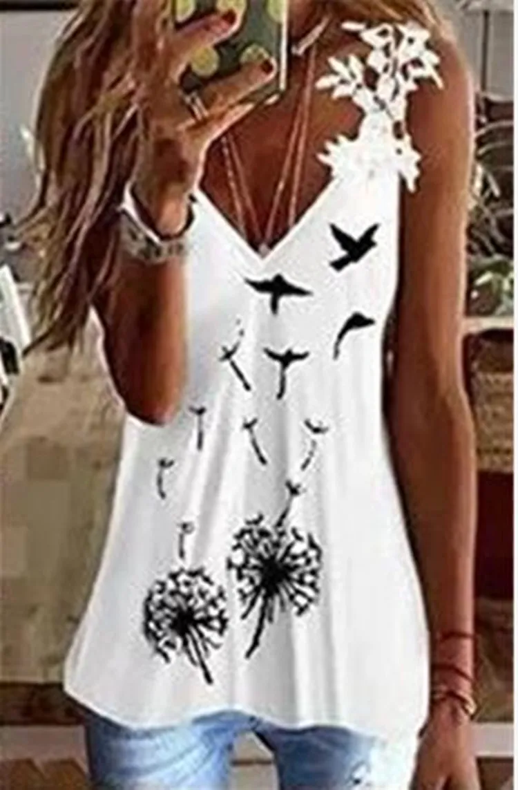 Women's Summer New Lace Sleeveless V-neck Printed Camisole - Dandelion-S