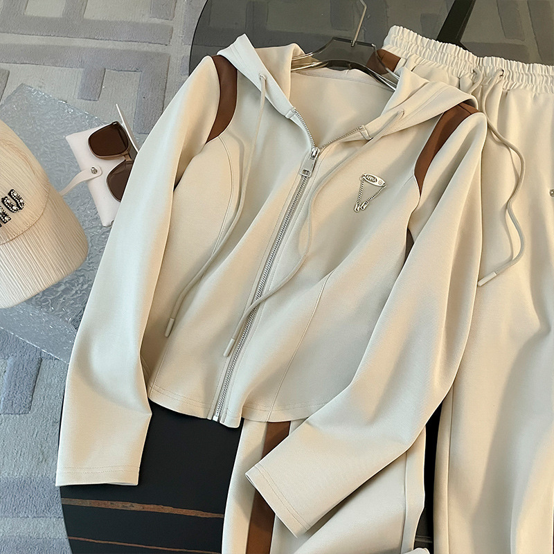 Women's Casual Sports Hooded Zipper Jacket Wide Leg Pants Suit