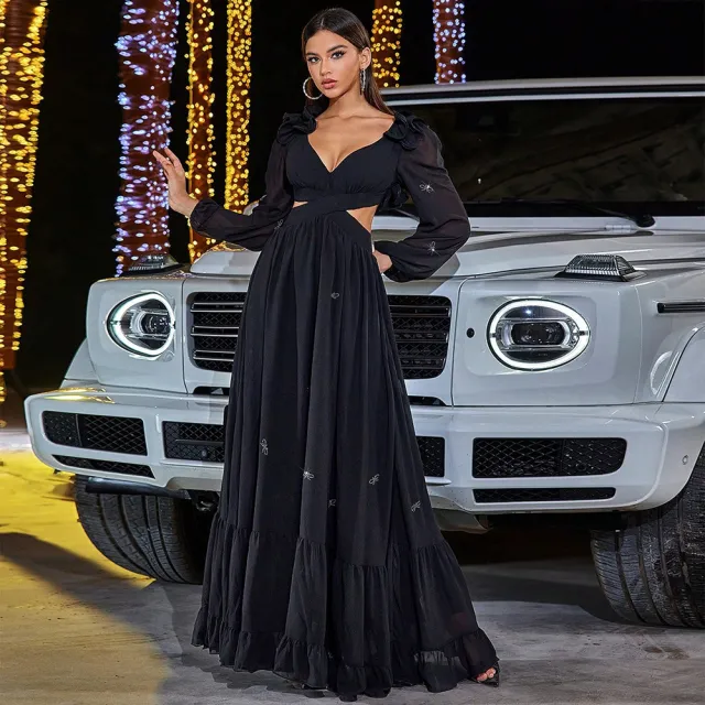 Elegant Chiffon Stitching Midriff Outfit Large Swing Banquet Dress Dmz240519 Black - Shop at LoveMi