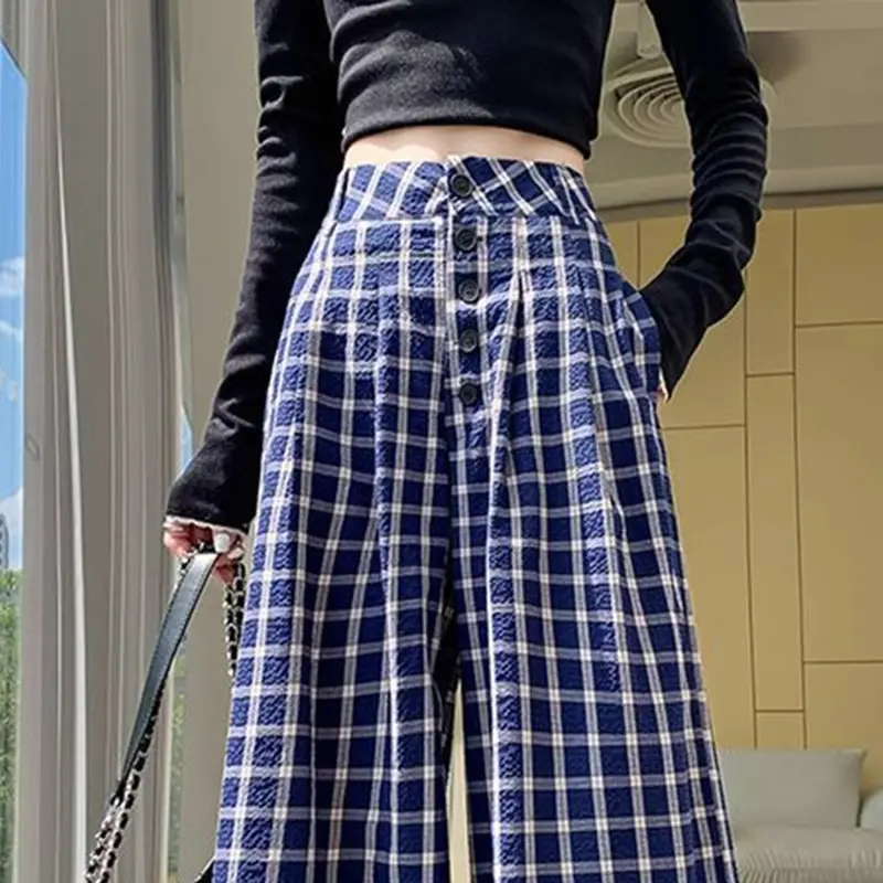Womens Blue Plaid Casual Straight-leg Pants