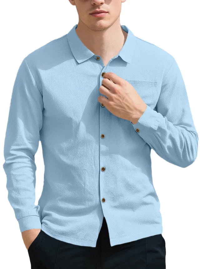 New Men's Solid Color Lapel Casual Loose Long Sleeve Shirt Light Blue - Shop at LoveMi