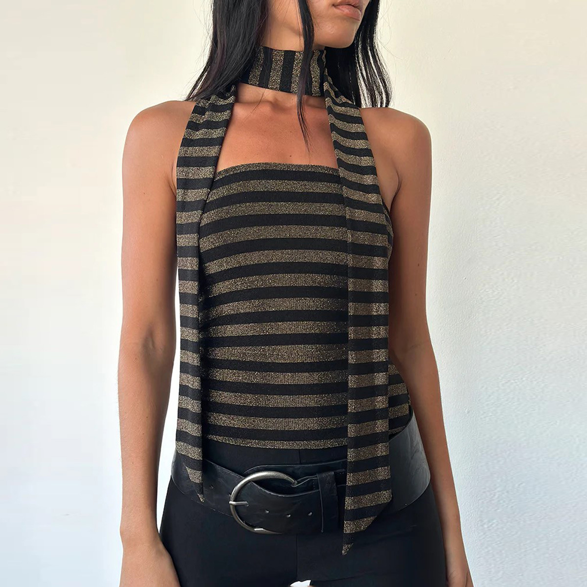 Strappy Back-revealing Cropped Top With A Tie-neck Design