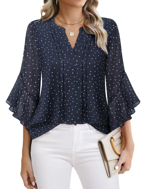 Lotus Leaf 34 Sleeve Top Solid Color Fashion Navy - Shop at LoveMi