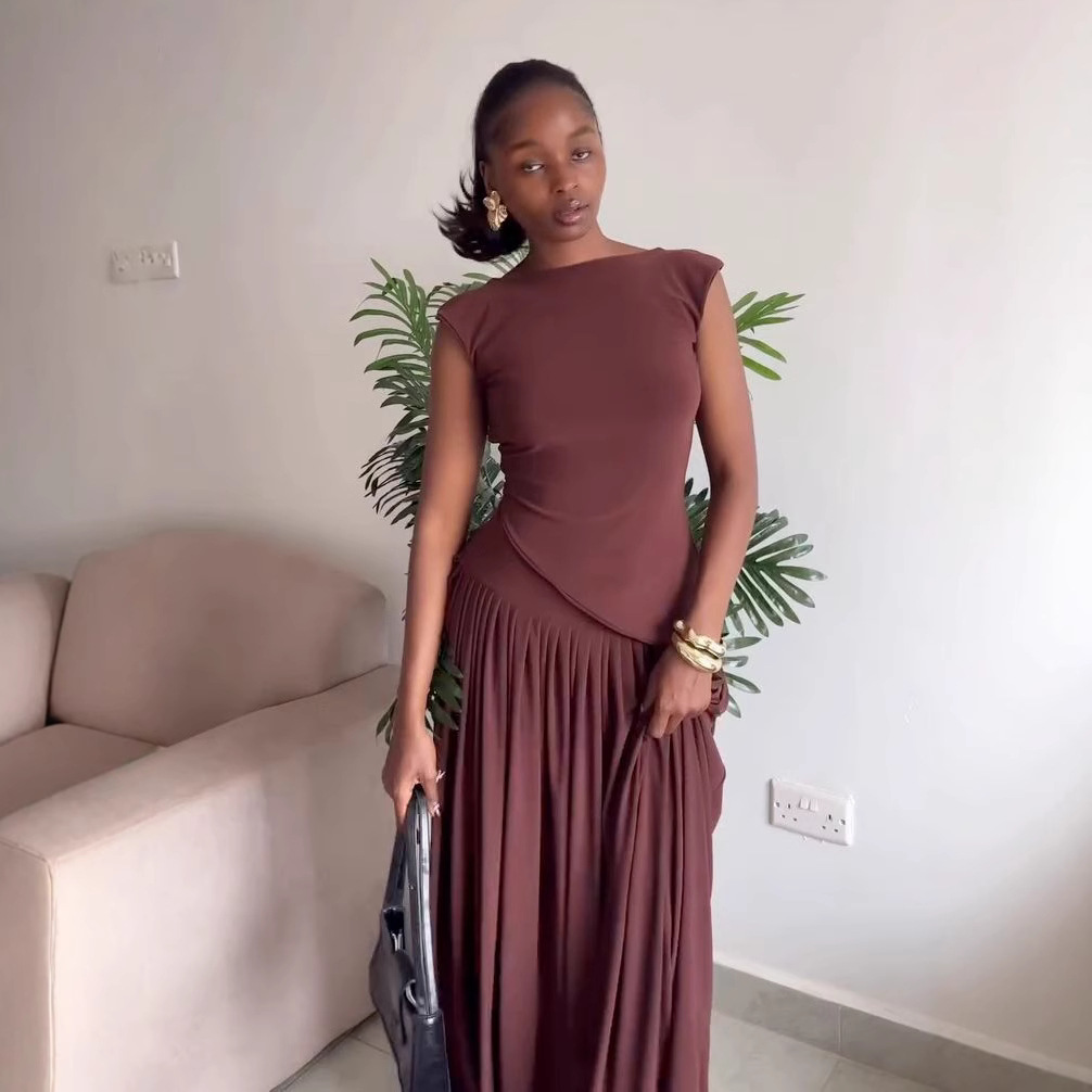 Elegant Off-Shoulder Pleated Summer Chic Slim-Fit Sleeveless Dress