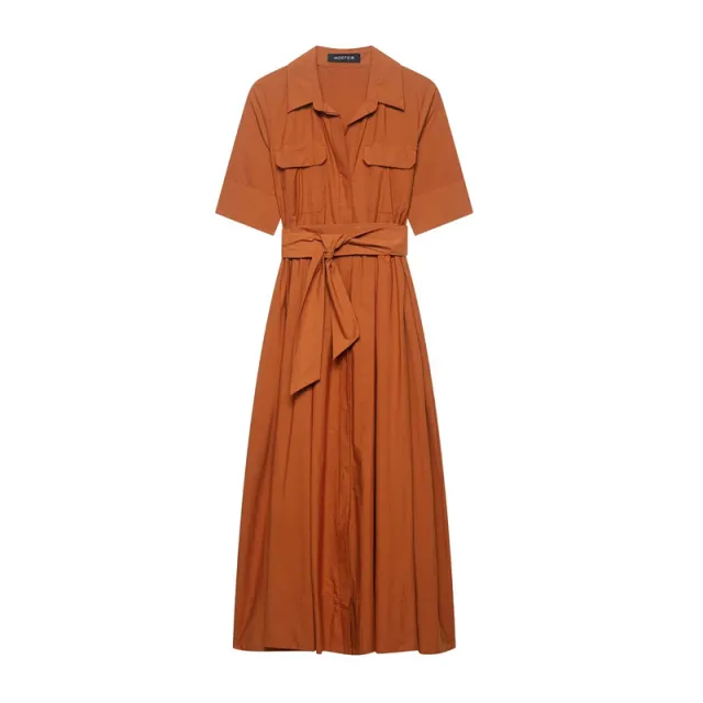 European And American Style Slim Waist Poplin Short Sleeve Dress Orange - Shop at LoveMi