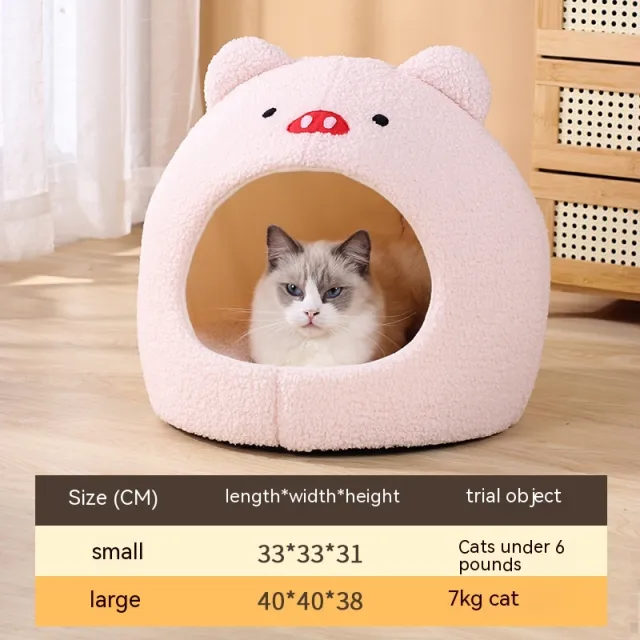 Teddy Plush Winter Semi closed Pet Cat Nest Pinkpig - Shop at LoveMi