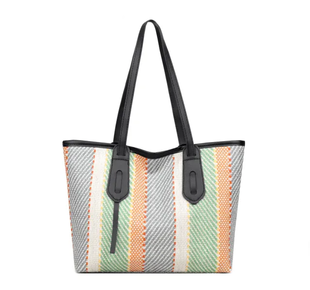 Bag Female Cotton And Linen Stripes Tote Bag Fabric Shoulder Bag Green - Shop at LoveMi