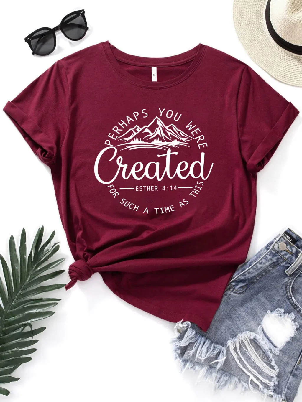 Women's Casual Round Neck Slogan Printed Short Sleeve - Wine Red