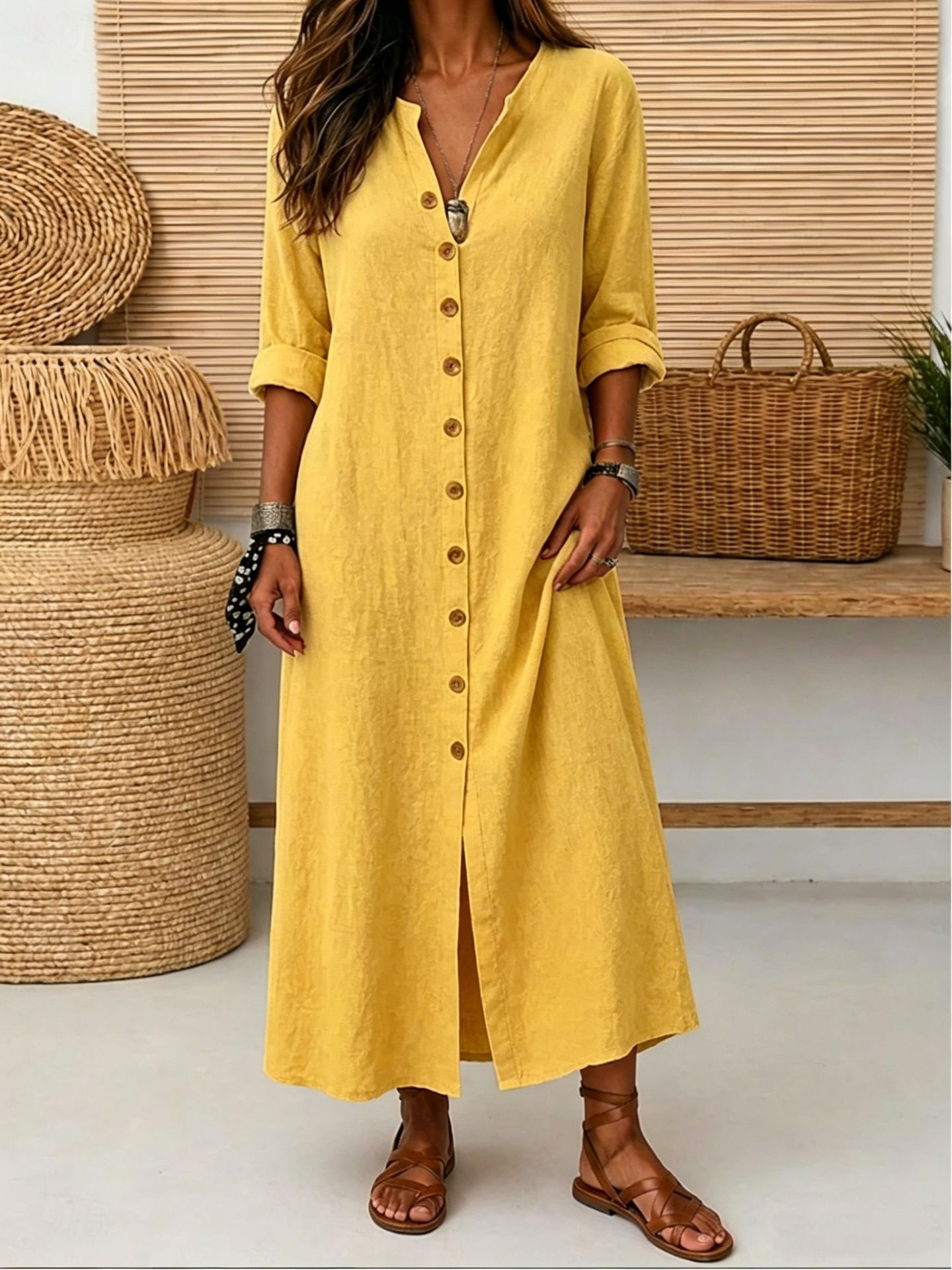 Womens Mid-Length Long-Sleeve V-Neck Button-Down Dress