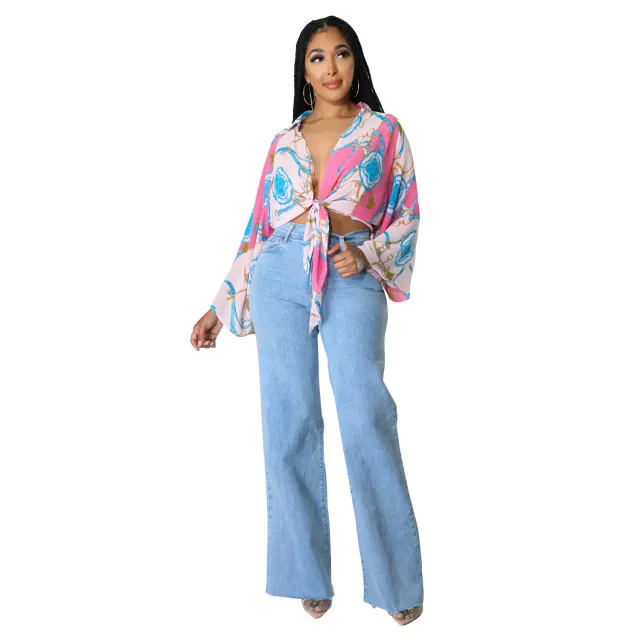 Printed Long Sleeve Flared Sleeves Short Top Pink - Shop at LoveMi