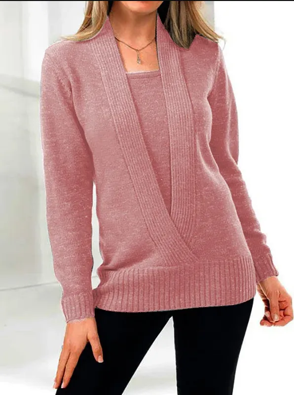 Autumn And Winter New Solid Color Long Sleeve V neck Fake Two piece Short Sweater Pink - Shop at LoveMi