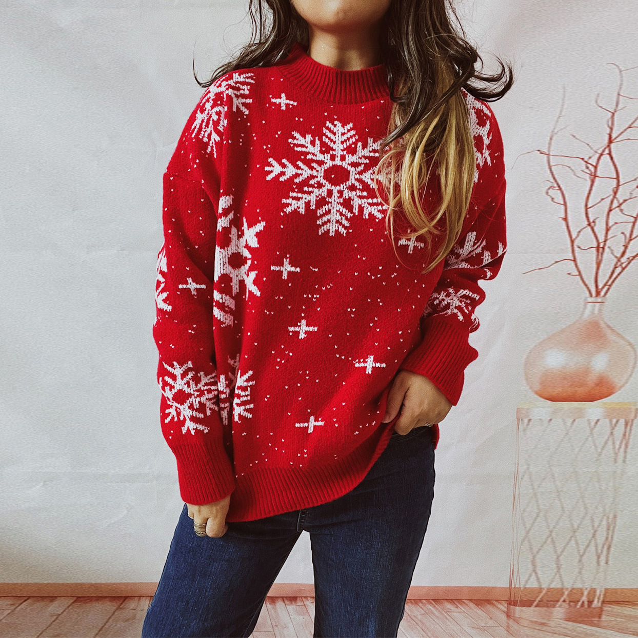 Women's Fashion Christmas Snowflake Round Neck Long Sleeve Knitted Sweater Red - Shop at LoveMi