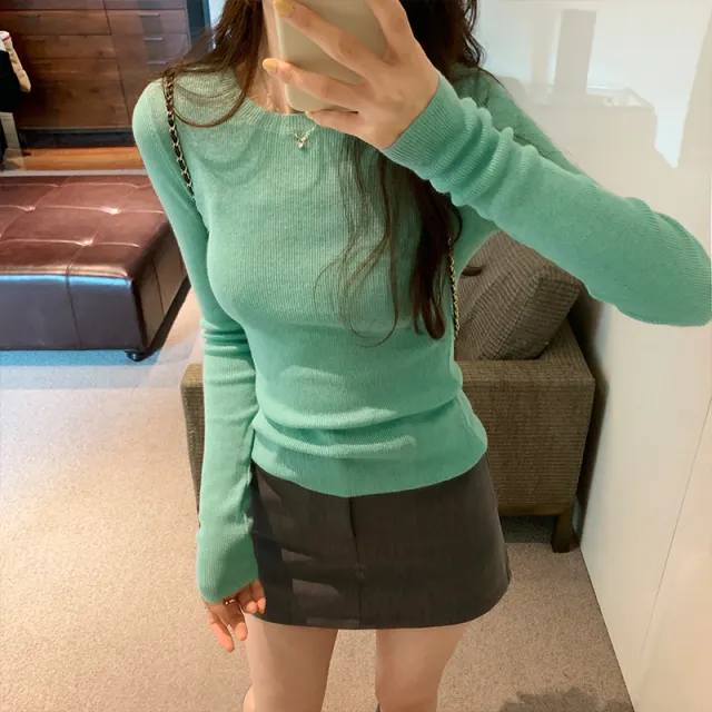 Thread Fitted Slimming Pullover Bottoming Sweater Green - Shop at LoveMi