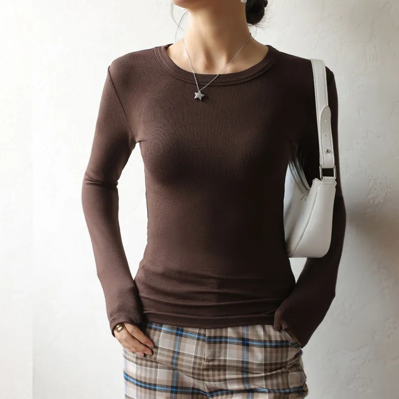 Modal Round Neck Bottoming Shirt Female Suit Slim Fit Inner Wear High Sense - Coffee