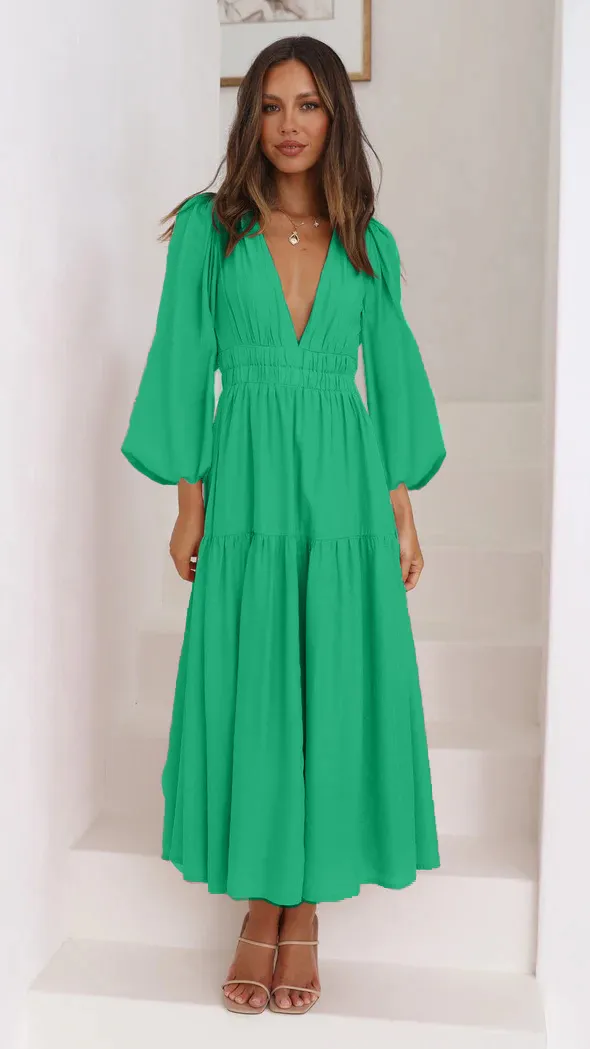 V neck Waist controlled Long Sleeves Dress Women Light Green - Shop at LoveMi
