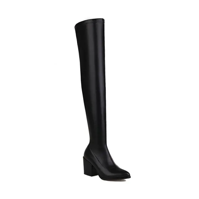 Over the knee Thick Heel High Heel Korean Style Slimming High Leg Boot Elastic Chunky Heel Pointed Thin Black - Shop at LoveMi
