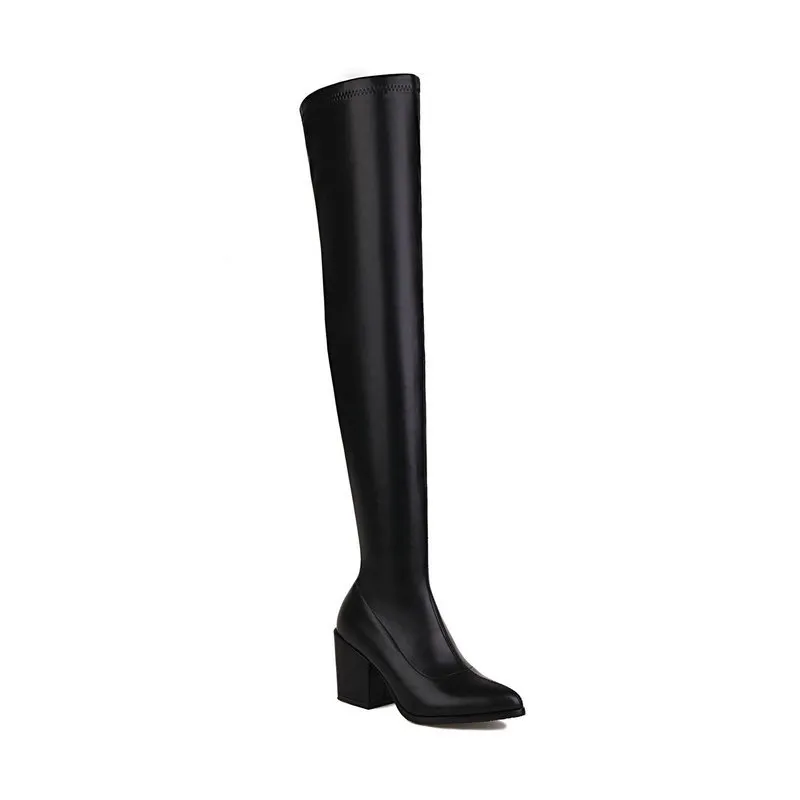 Over-the-knee Thick Heel High Heel Korean Style Slimming High Leg Boot Elastic Chunky Heel Pointed Thin - Black
