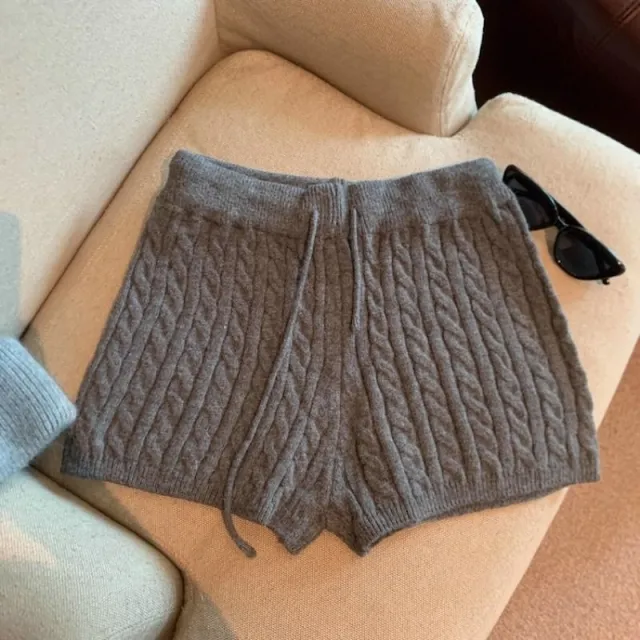 Retro Minimalist Cable knit Linen Shorts With Elastic Waist Gray - Shop at LoveMi