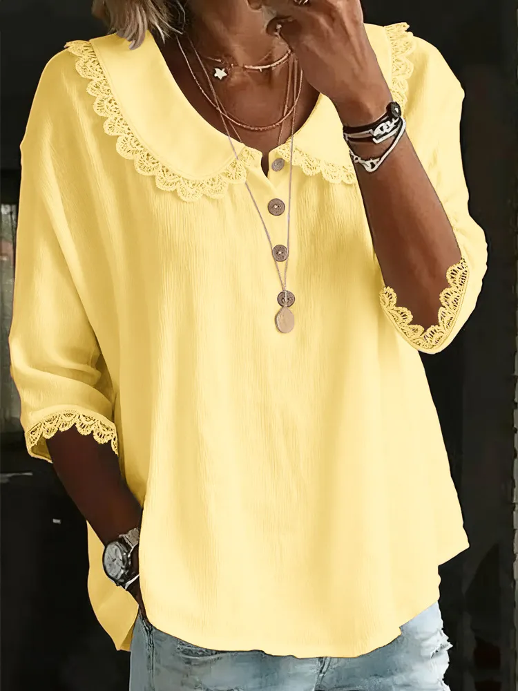 Fashionable Collar With Lace Trim, Solid-Color Button-Up Shirt - Yellow