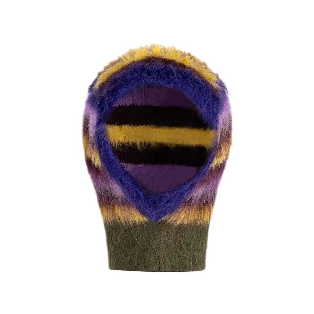 Rainbow Woven Mohair Integrated Ear Protection Long Fluff Striped Hat