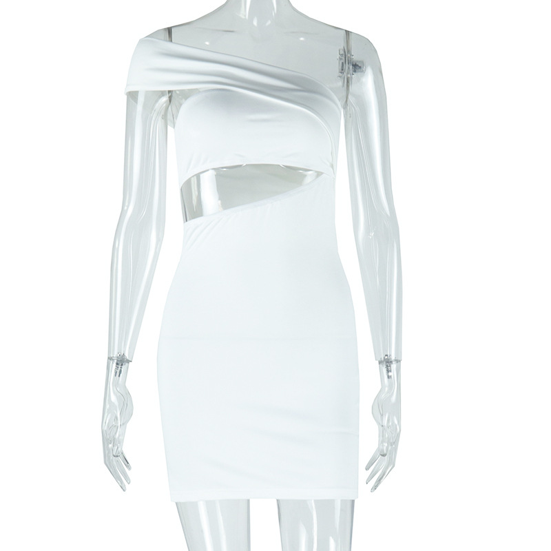 Solid Color Sexy Diagonal Collar Cold shoulder Sleeveless Dress White - Shop at LoveMi