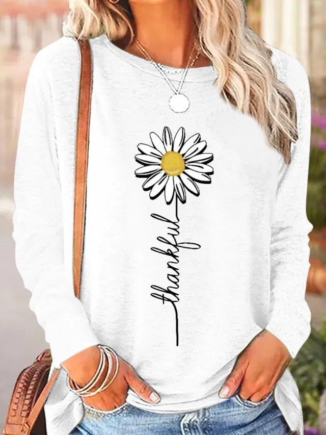 Comfort And Casual Printed Long Sleeve Round Neck T shirt White - Shop at LoveMi