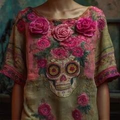 V-neck Elegant Artistic And Retro-style Short-sleeve Top - Jxct013-4Xl - View 1