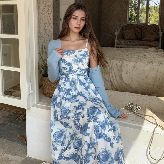 Forest Style Floral Skirt Long Sleeved Cardigan Wool Sweater Blue - Shop at LoveMi
