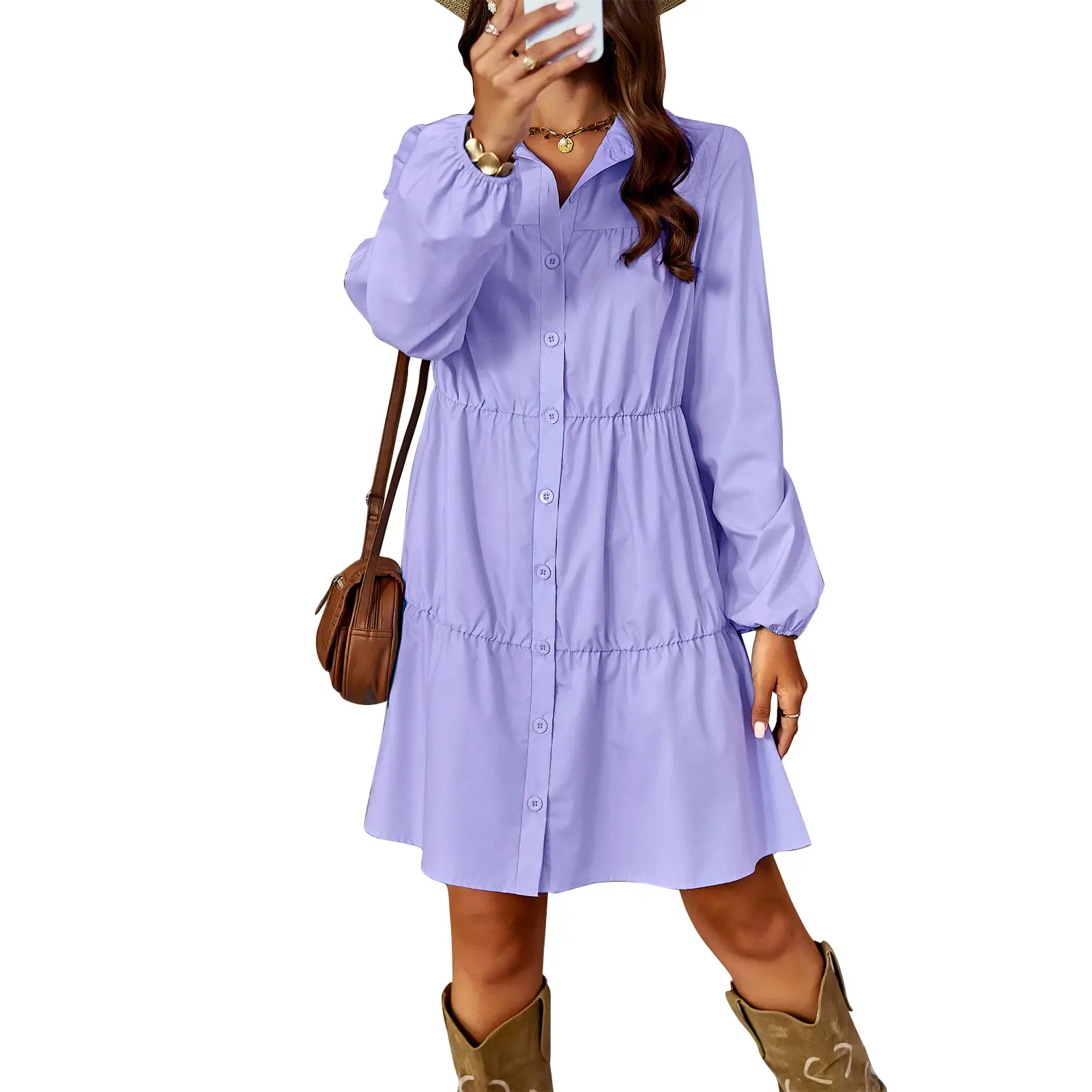 Women's Stylish Temperament Long Sleeves All-matching Shirt Dress