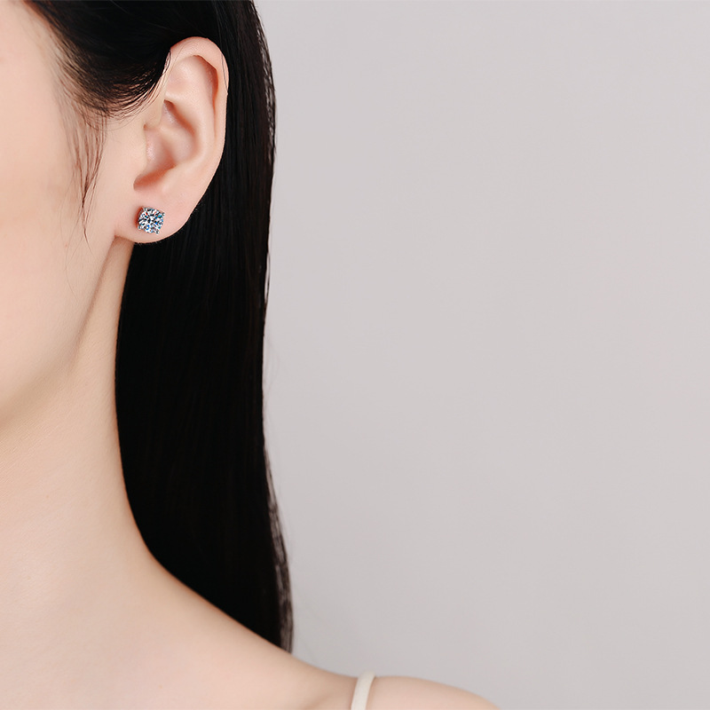 Four-claw Moissanite Sterling Silver Screw Stud Earrings