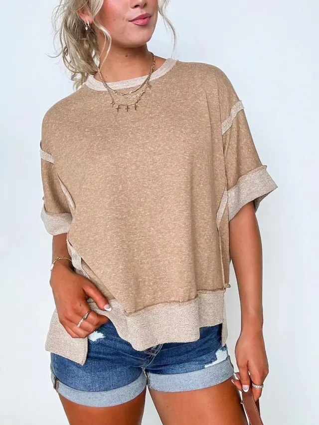New Round Neck Loose Patchwork Sweater T shirt Light Brown - Shop at LoveMi