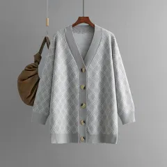 V-neck Cardigan Sweater Casual Loose Diamond Plaid Sweater Coat - Gray - View 1