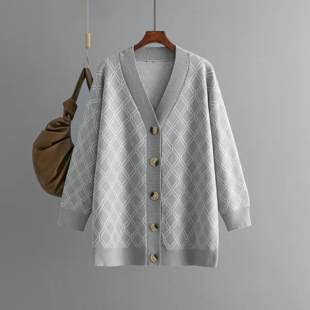 V neck Cardigan Sweater Casual Loose Diamond Plaid Sweater Coat Gray - Shop at LoveMi