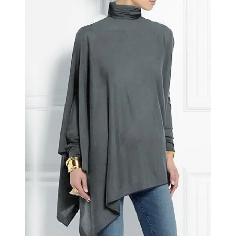 Long Sleeved Irregular Hem Solid Color Pullover Top - Gray
