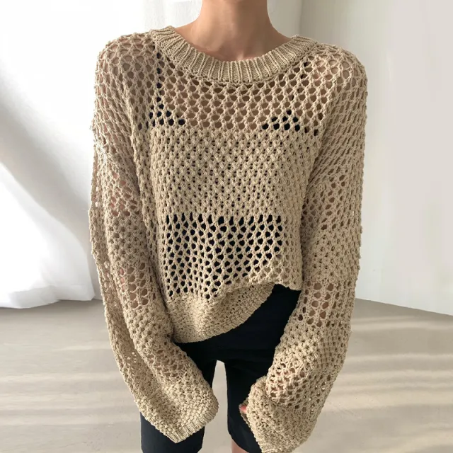 Elegant Retro Round Neck Exquisite Hollow out Transparent Design Loose Sweater Khaki - Shop at LoveMi