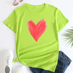 Women's Heart Printing Round Neck Short-sleeved T-shirt - Fluorescent Green - View 1
