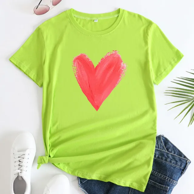 Women's Heart Printing Round Neck Short sleeved T shirt Fluorescent Green - Shop at LoveMi