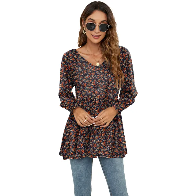 Women's Fashion Casual Printing Bubble Long Sleeve Waist Top No 4 Flower L - Shop at LoveMi