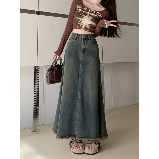 Autumn High Waist Retro Denim A Line Overall Dress Retro Blue - Shop at LoveMi