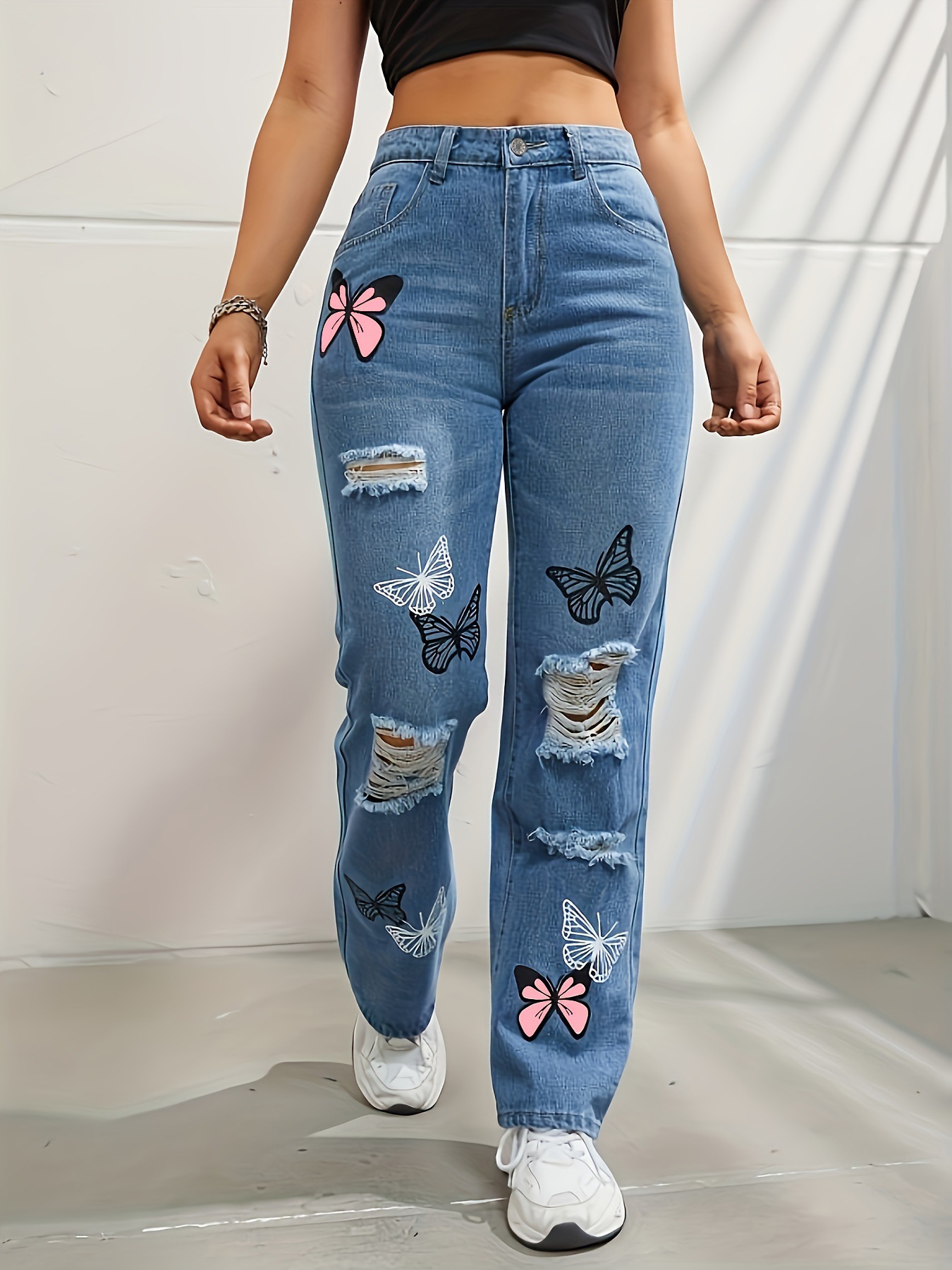 Pantalón de mezclilla de cintura alta, recto, con estampado de mariposas, rotos - Picture 7 of 7