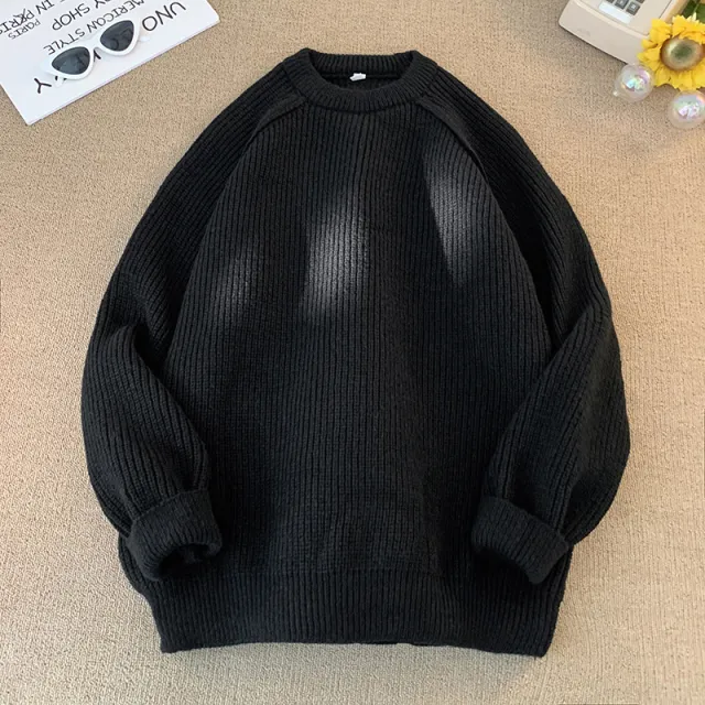 Solid Color Sweater Loose Casual Long Sleeves Lazy Black - Shop at LoveMi