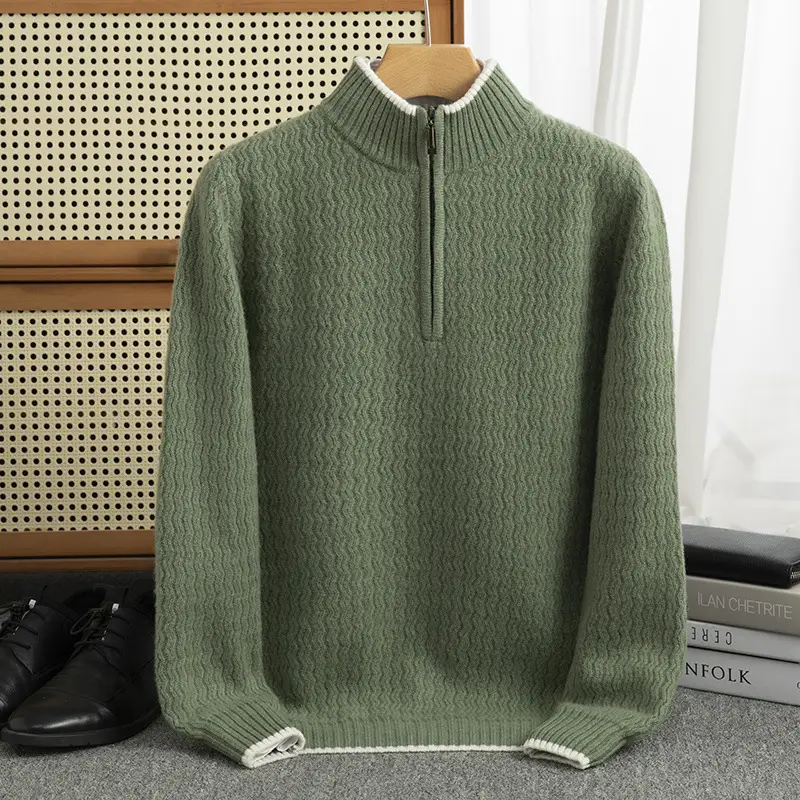 Men's Woolen Sweater Half-open Collar Long Sleeve Solid Color Stand Collar Sweater