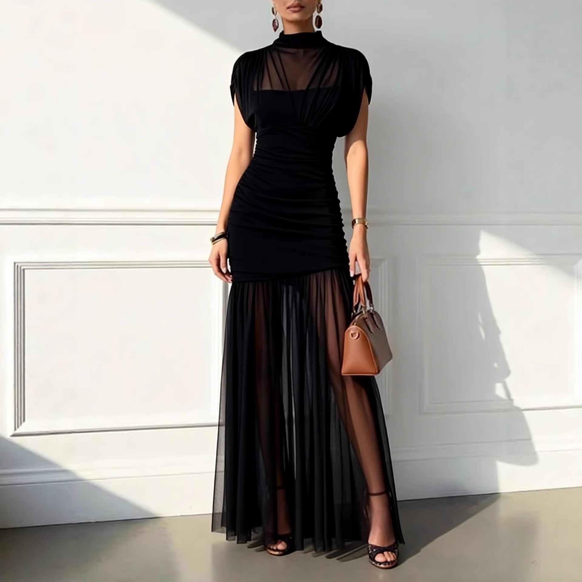 Solid-color Sheath Mesh Dress For Women