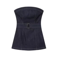 Denim Bustier Top With Belt And High-waisted Wide-leg Jeans - Top-M - View 1
