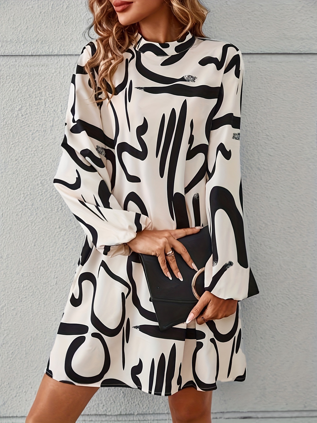 Elegant Long-Sleeve Round Neck A-Line Polyester Dress with Wide Waist