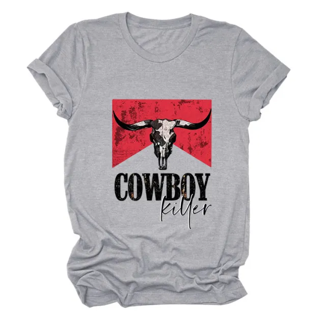 COWBOY KILLER Cow Head Letter Print Short sleeve Loose Women's T shirt Light Gray Color Picture - Shop at LoveMi