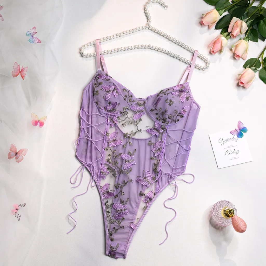 Butterfly Embroidered Slim All-match Jumpsuit For Women - Light Purple