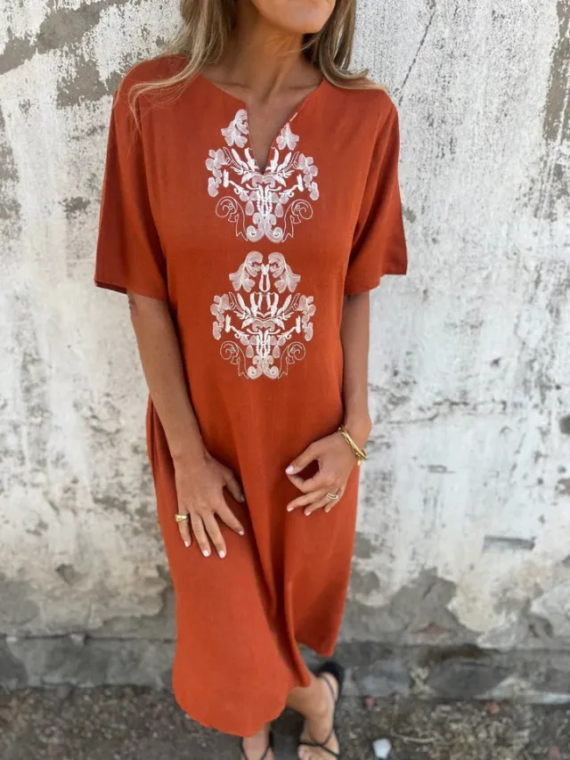 V neck Loose fit Cotton linen Women's Dress Picture Color L - Shop at LoveMi